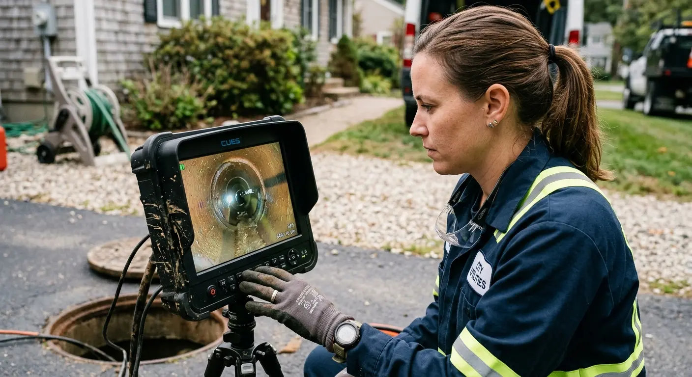 Technician reviewing sewer camera inspection footage in Medway