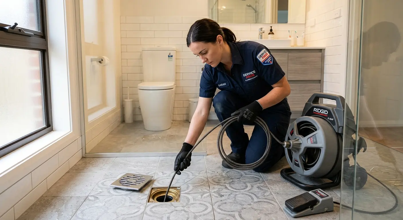 Technician clearing a bathroom floor drain for Clogged Drain Repair in Medway